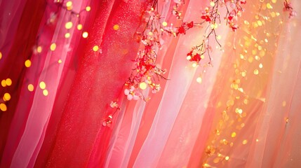 Leinwandbilder - Delicate cherry blossoms and fairy lights create a dreamy and romantic atmosphere in soft light