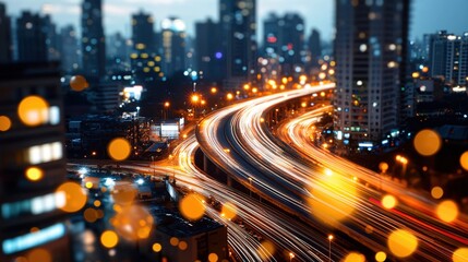 Poster - Urban nightscape with light trails on highway and city buildings in soft focus background