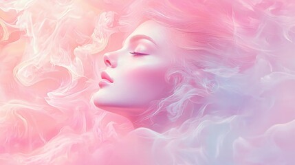 Aufkleber - Serene beauty in pastel hues a dreamy portrait of a woman immersed in soft pink clouds