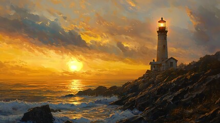 Poster - Coastal Beacon at Sunset Painting of a Lighthouse on Rocky Shore with Golden Light
