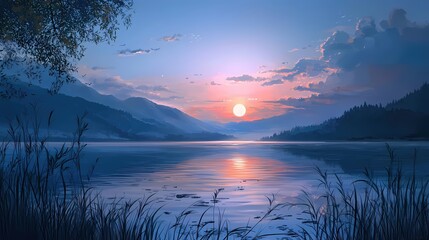 Poster - Serene lake landscape at sunset with mountains and trees creating a peaceful atmosphere