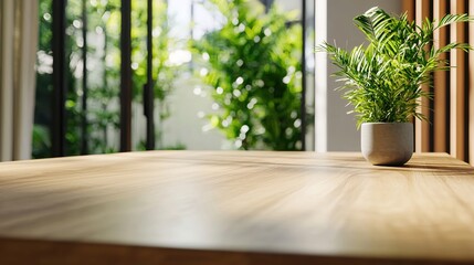 Poster - Serene indoor scene featuring a wooden table and a vibrant green potted plant near a window