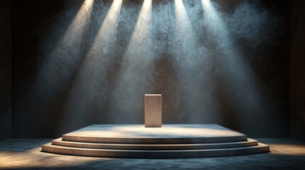 Poster - Dramatic Spotlight Illuminating a Stage with Minimalist Podium in a Moody Dark Room Scene