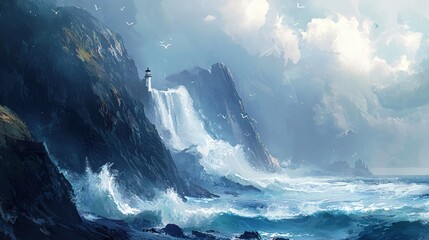 Poster - Coastal Lighthouse Beacon Amidst Crashing Waves and Rocky Cliffs in a Dramatic Seascape Painting