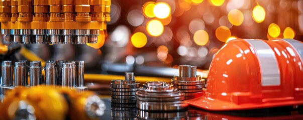 Aufkleber - Precision Metal Parts and Orange Hard Hat Reflecting Lights in a Manufacturing Setting