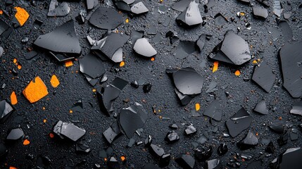Poster - Abstract Composition of Shattered Black Glass with Orange Accents on Dark Textured Surface