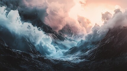 Poster - Dramatic ocean storm with crashing waves and turbulent clouds in a surreal landscape