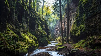 Poster - Serene canyon stream flows through vibrant mossy rocks and lush trees in a tranquil forest