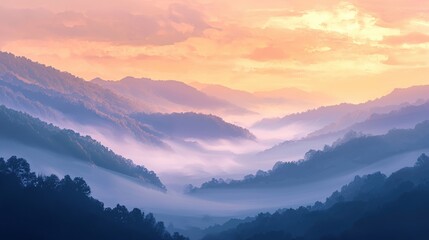 Fototapete - Ethereal mountain vista with soft pastel colors and misty valleys at sunrise or sunset
