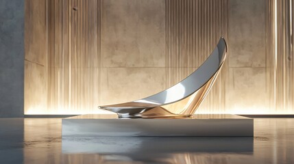 Aufkleber - Elegant Silver and Gold Abstract Sculpture on a Reflective Surface in a Modern Interior