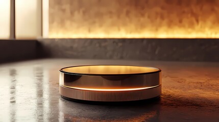 Poster - Elegant golden podium with glowing light for product display on a textured surface scene