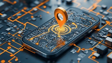 Poster - Close up view of a modern digital GPS device or smartphone app displaying a detailed city map with a highlighted navigation route