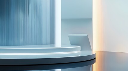 Poster - Minimalist Studio Podium with Soft Blue Tones and Elegant Lighting for Product Display