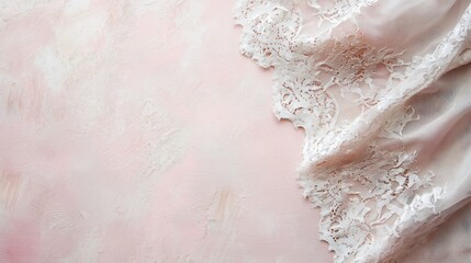 Fototapete - Delicate White Lace on Textured Pink Background Creates a Soft Romantic and Elegant Feel