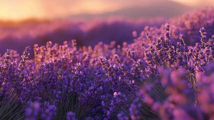Poster - Serene lavender field at sunset with soft light and dreamy purple hues creating a peaceful mood
