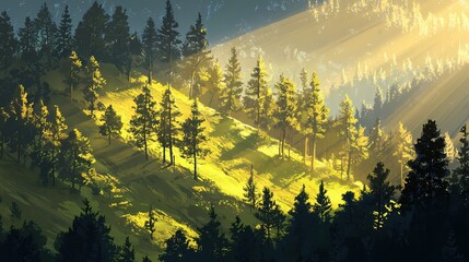 Poster - Radiant Sunlight Illuminating Evergreen Forest Hillside Creating a Warm and Serene Atmosphere