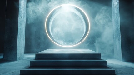 Aufkleber - Concrete platform with glowing portal in misty space illuminated by soft light creating mystery