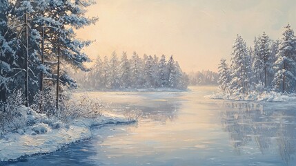 Poster - Serene Winter Landscape Painting of Snow Covered Trees Reflecting in Calm Lake at Sunset