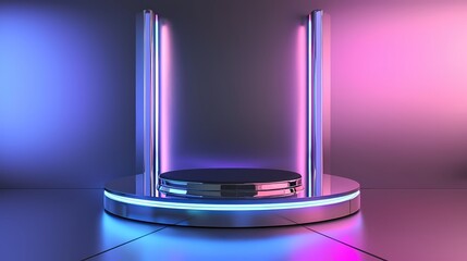 Aufkleber - Futuristic Neon Stage Platform for Product Display with Vibrant Blue and Pink Lighting