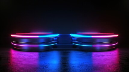 Aufkleber - Futuristic Neon Stage with Vibrant Pink and Blue Lights on a Dark Reflective Surface