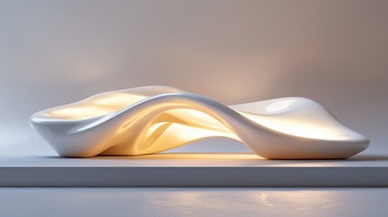 Leinwandbilder - Abstract White Sculpture with Golden Light on Platform Captivating Modern Art Design