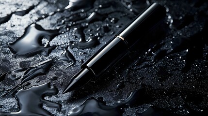Aufkleber - Elegant black fountain pen rests on a dark wet surface creating a moody and artistic scene