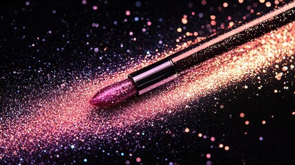 Poster - Glamorous lipstick with shimmering glitter on dark background for elegant beauty concept