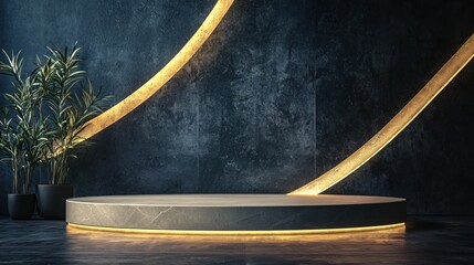 Poster - Elegant Display Platform with Golden Accents and Lush Greenery for Product Showcase Design