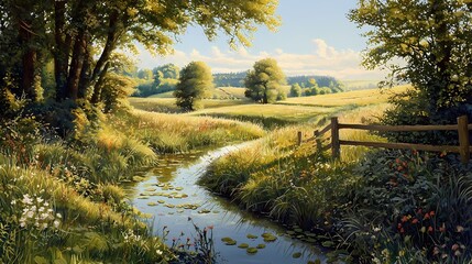 Poster - Serene River Flowing Through a Lush Meadow with Wildflowers and a Rustic Wooden Fence