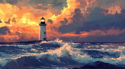 Poster - Dramatic Seascape Painting of Lighthouse Against Fiery Sunset Sky with Crashing Waves
