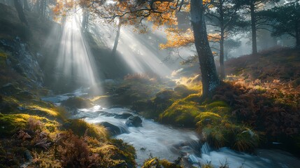Poster - Serene forest stream with golden light filtering through trees creating a tranquil atmosphere