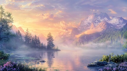 Poster - Serene lake reflecting golden sunset light with majestic mountains and tranquil forest scene