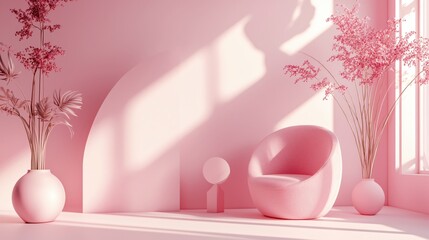 Leinwandbilder - Serene pink interior design with modern chair and floral accents creating a peaceful ambiance