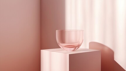 Aufkleber - Elegant Pink Glass on a Cube with Soft Light and Shadows Creating a Minimalist Scene