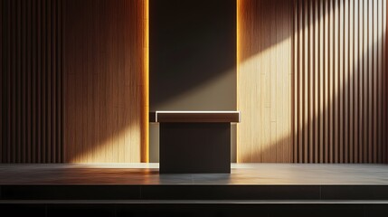Aufkleber - Modern Podium on Stage with Wooden Wall and Light Beam for Presentation and Speech