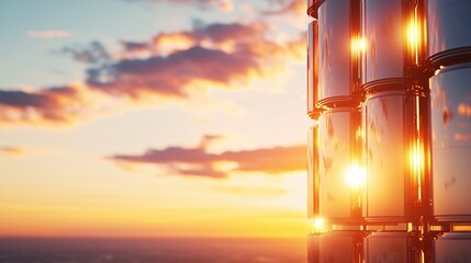 Poster - Towering metallic structure reflects a vibrant sunset with orange and blue sky background