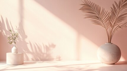 Leinwandbilder - Serene interior scene featuring minimalist vases with botanical elements and soft light shadows