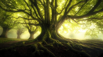 Poster - Enchanted Forest Canopy Sunlight Filtering Through Ancient Trees Creating a Mystical Atmosphere