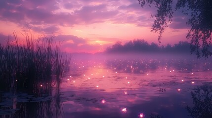 Poster - Serene Sunset Reflection on Misty Lake with Water Lilies and Glowing Lights in Pink Hues