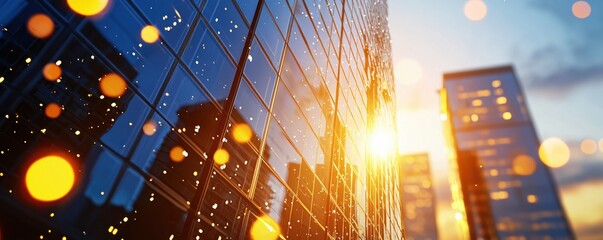 Poster - Modern Cityscape with Glass Buildings Reflecting Sunlight and Abstract Bokeh Lights Effect