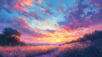Poster - Impressionistic Sunset Over Field with Trees and Colorful Sky in Warm Tones and Brushstrokes