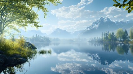 Poster - Serene mountain lake landscape reflecting sky and clouds with trees and sunlight shining through
