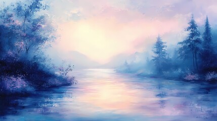 Poster - Serene river landscape painting with pastel sky reflection and forest trees in soft light