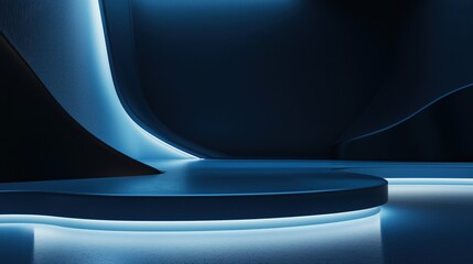 Poster - Modern Blue Interior with Geometric Shapes and Neon Lighting Creating a Futuristic Ambiance