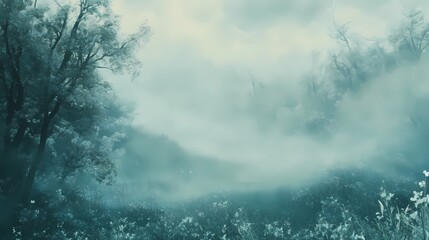 Leinwandbilder - Ethereal landscape of misty meadow with trees and flowers in soft light and cool tones