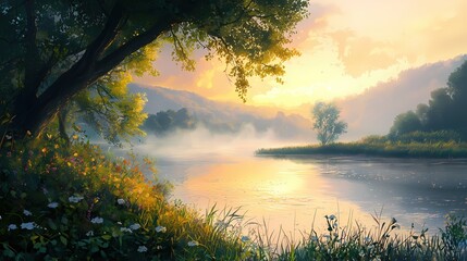 Poster - Serene Lakeside Landscape with Golden Sunset Hues Reflecting on Calm Water and Lush Greenery