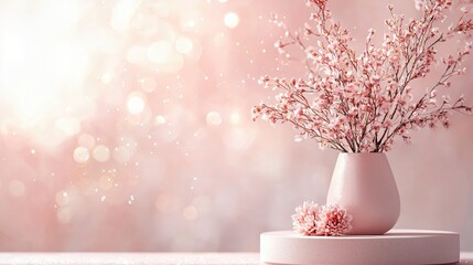 Leinwandbilder - Delicate pink blossoms in vase on platform with bokeh background creating soft romantic mood