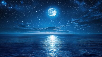 Poster - Serene nightscape with a luminous moon reflecting on the calm ocean under a starry sky