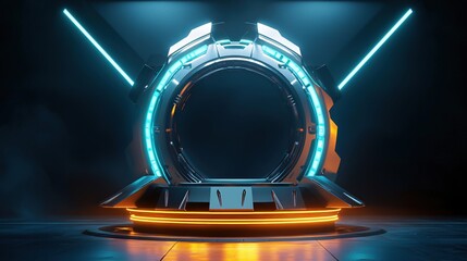 Aufkleber - Futuristic portal with neon lights illuminating a dark space for travel and innovation