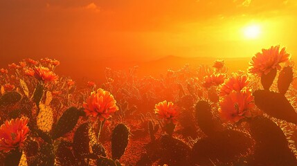 Poster - Radiant Desert Bloom A Tapestry of Cactus Flowers Bathed in Golden Sunset Light and Warm Hues